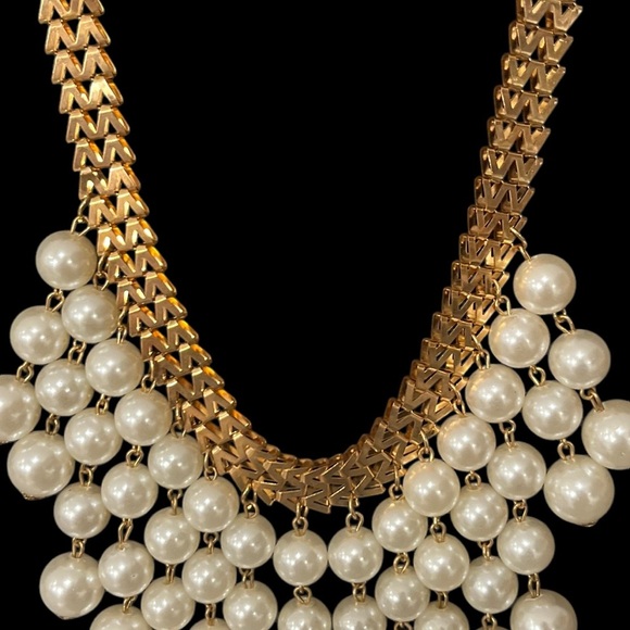 Gold Tone 2 Broke Girls Style Chevron Faux Pearl Choker Necklace - Picture 4 of 14